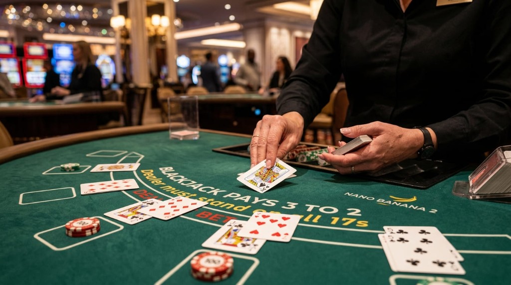 Crupier repartiendo cartas en blackjack dentro de la sala en vivo